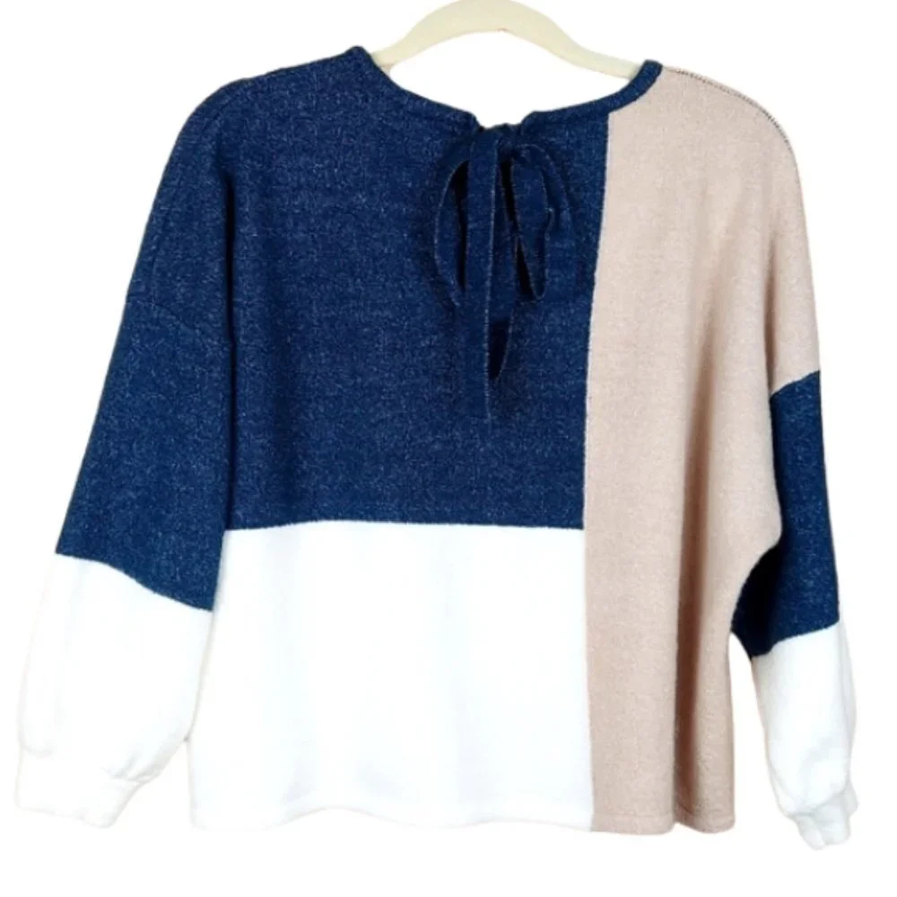 By The River Tie-Back Color Block Sweater Cream Tan Blue Women's Size S/M